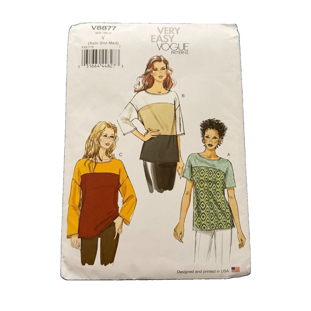 Vogue V8877 Sewing Pattern Misses Loose Pullover Colorblock Top Size XS-M Y